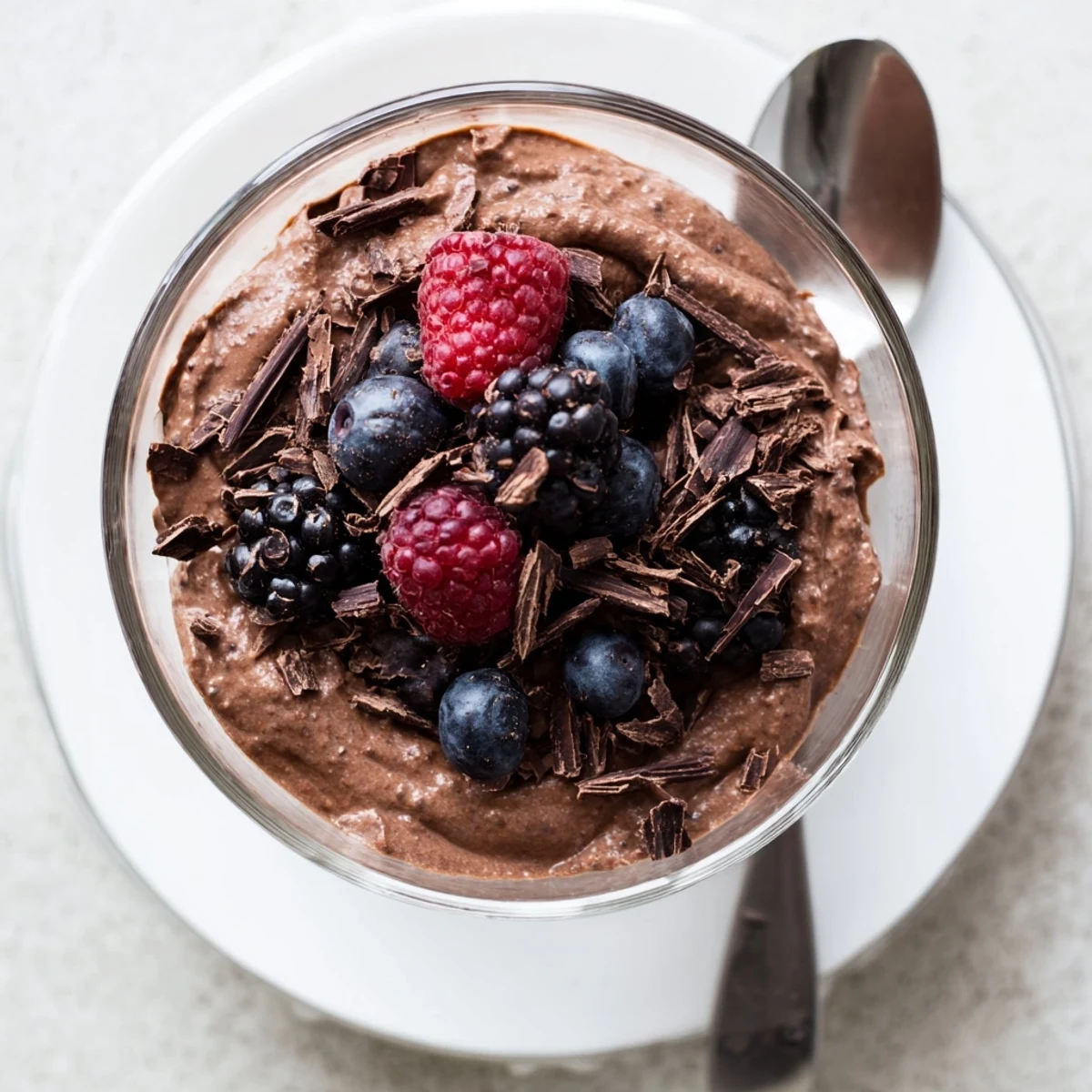 Creamy chocolate flaxseed pudding topped with fresh berries and dark chocolate shavings in a glass bowl