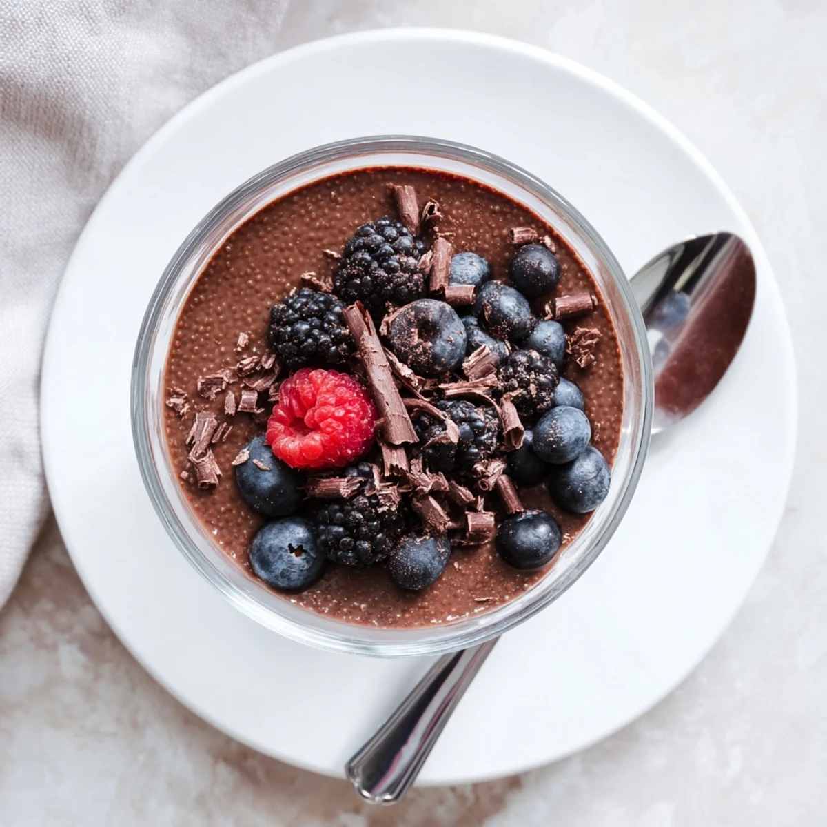 Rich chocolate flaxseed pudding chilled until thick and garnished with whipped cream and chopped nuts