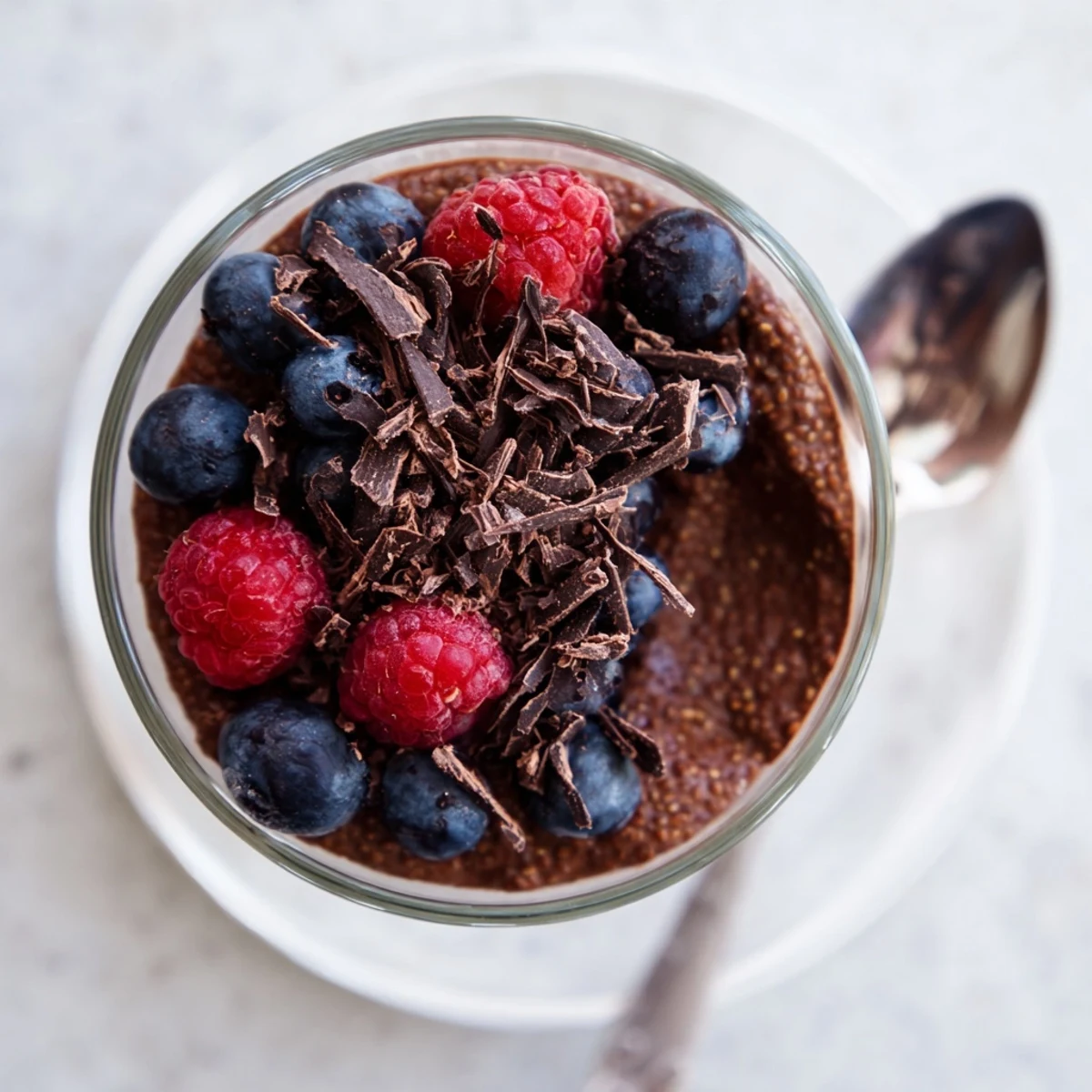 Healthy chocolate flaxseed pudding showing smooth velvety texture layered with coconut whipped cream and raspberries