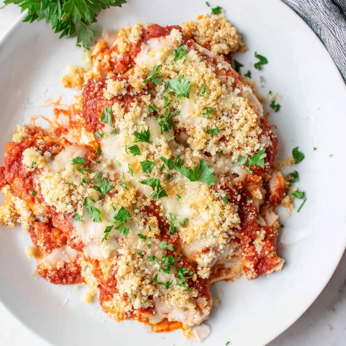 Golden chicken parmesan casserole bubbling with melted mozzarella and crispy buttered breadcrumb topping