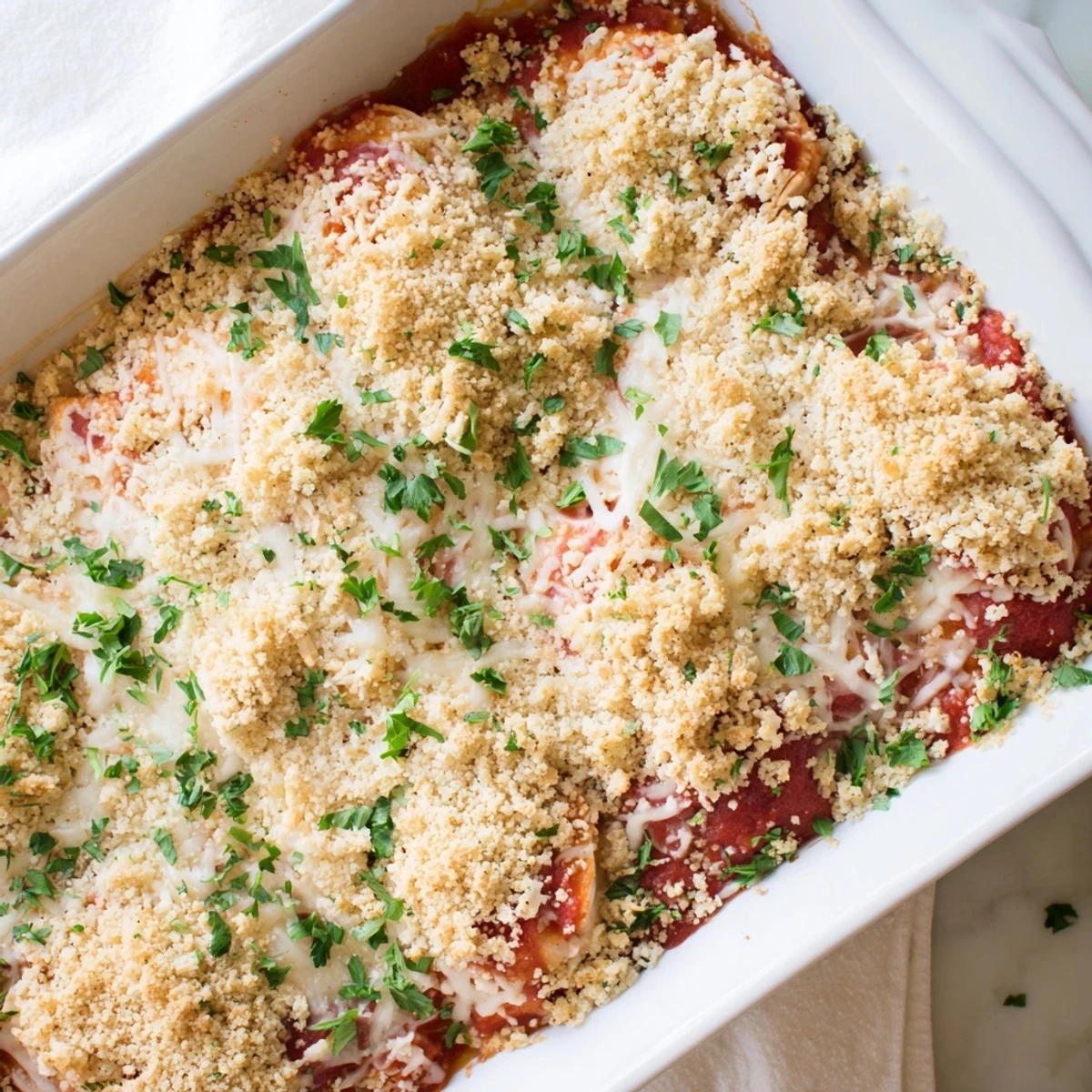 Baked chicken parmesan casserole dish featuring tender chicken layered with marinara and gooey cheese