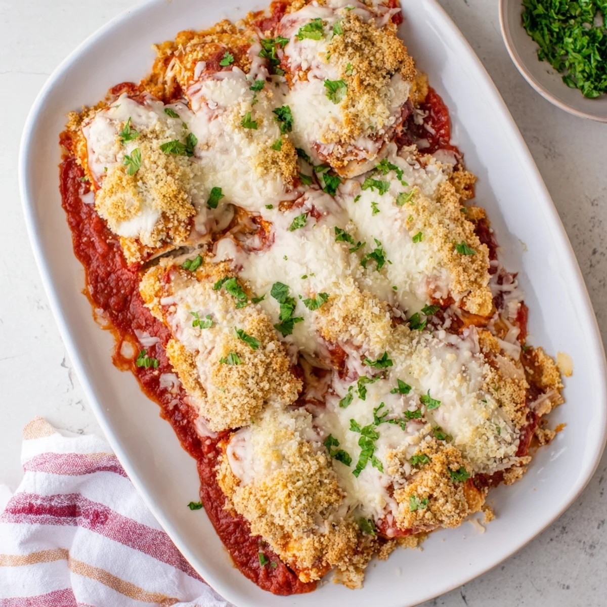 Family-style chicken parmesan casserole fresh from the oven with golden brown crumb topping and parsley garnish