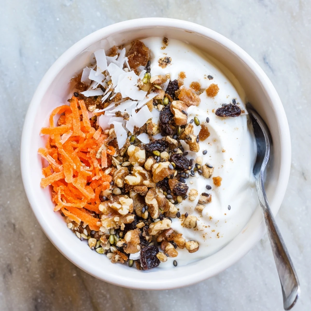 Creamy carrot cake yogurt bowl topped with grated carrots, crunchy walnuts, and sweet raisins.