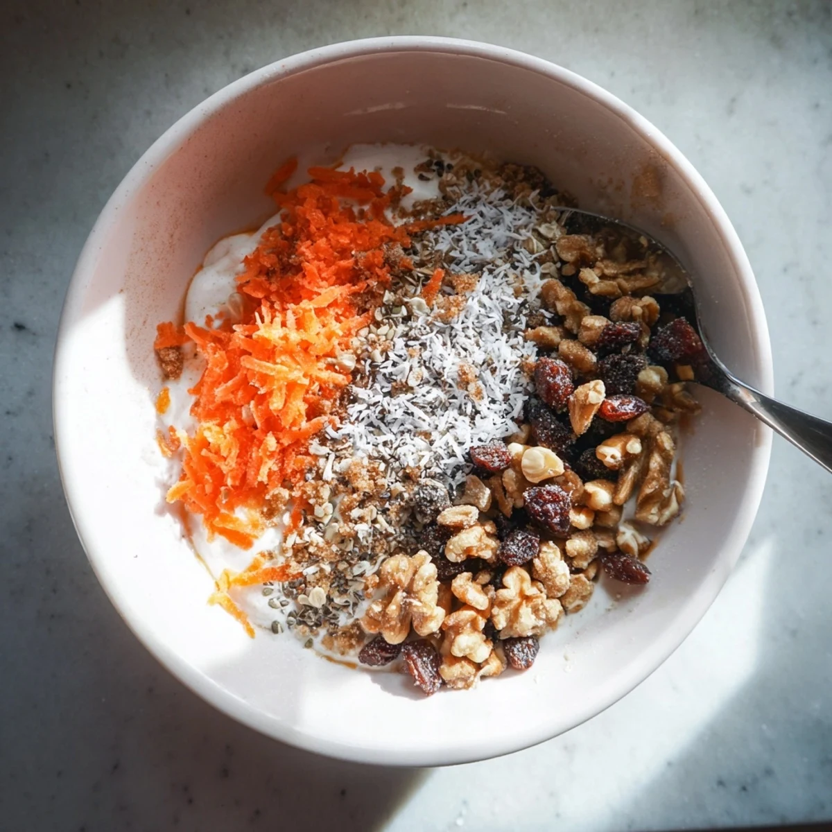 Wholesome Greek yogurt bowl spiced with cinnamon and nutmeg, garnished with shredded coconut.