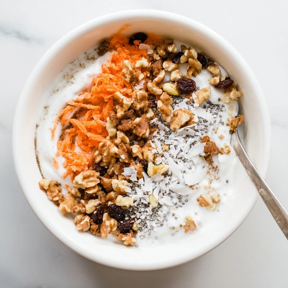 Healthy carrot cake yogurt parfait layered with granola, chia seeds, and fresh grated carrots.