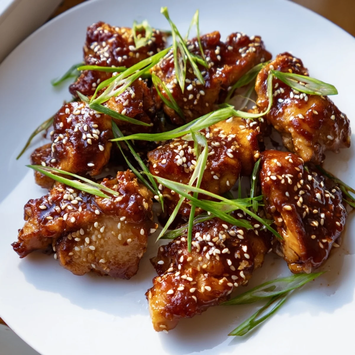 Golden glazed spicy honey sriracha chicken pieces garnished with sesame seeds and green onions