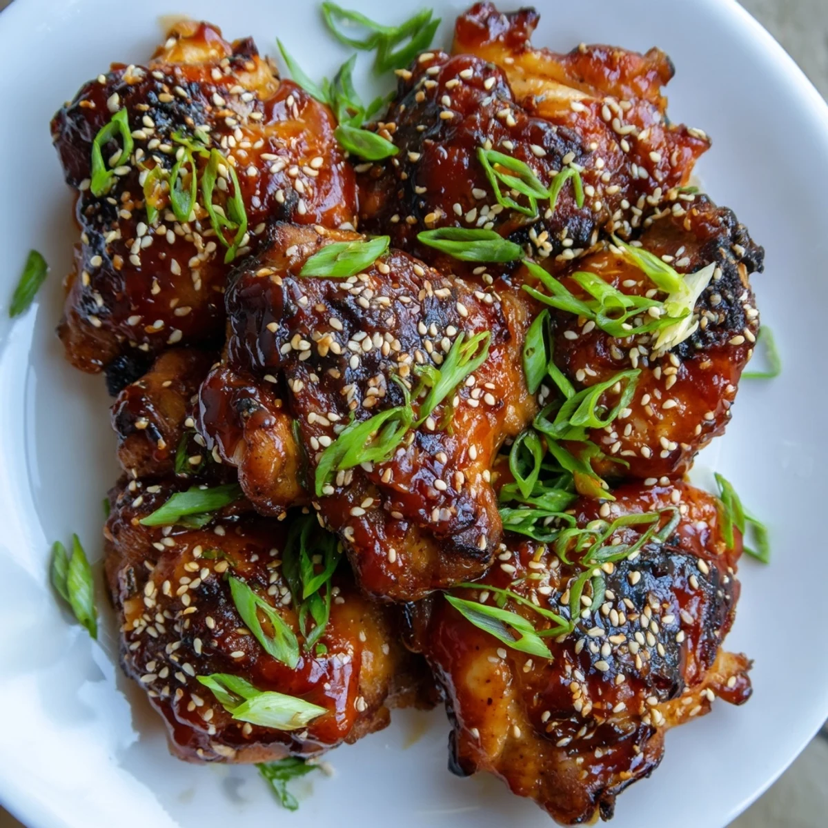 Sizzling pan of honey sriracha chicken with glossy red sauce and fresh lime wedges