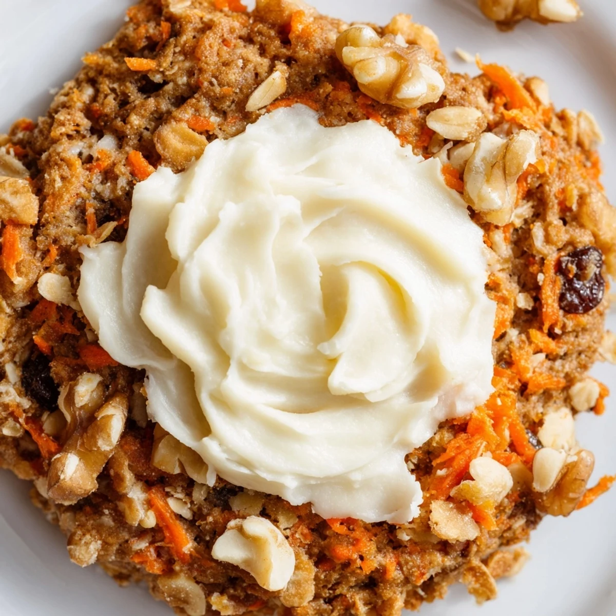 Golden spiced carrot cake cookies with visible grated carrot shreds and raisin bits