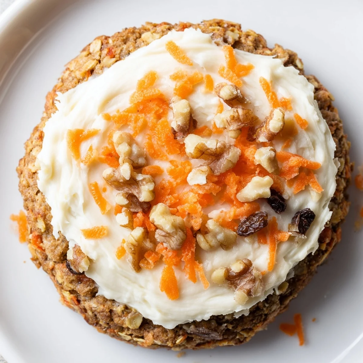 Soft baked carrot cake cookies topped with creamy white frosting and walnut pieces