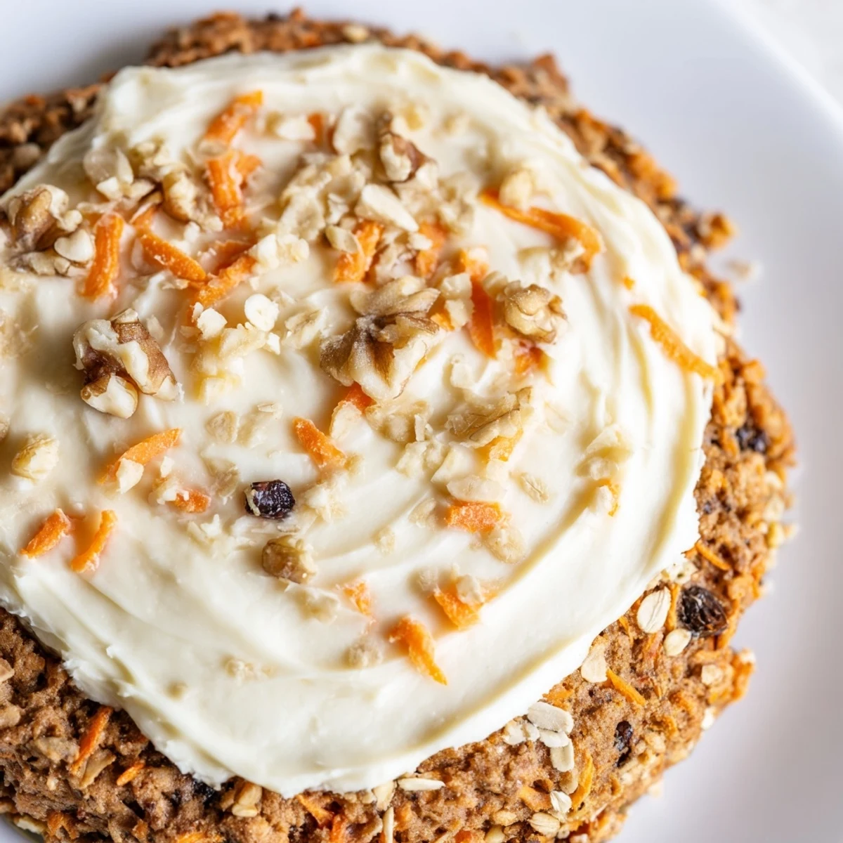 Homemade carrot cake cookies stacked on white plate with rich cream cheese drizzle