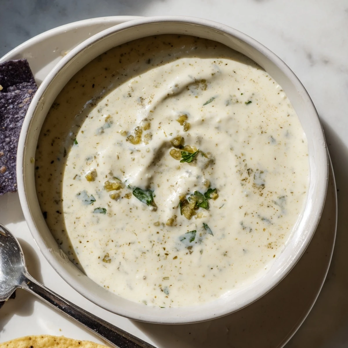 Creamy Mexican white sauce dolloped over crispy street tacos with fresh cilantro garnish