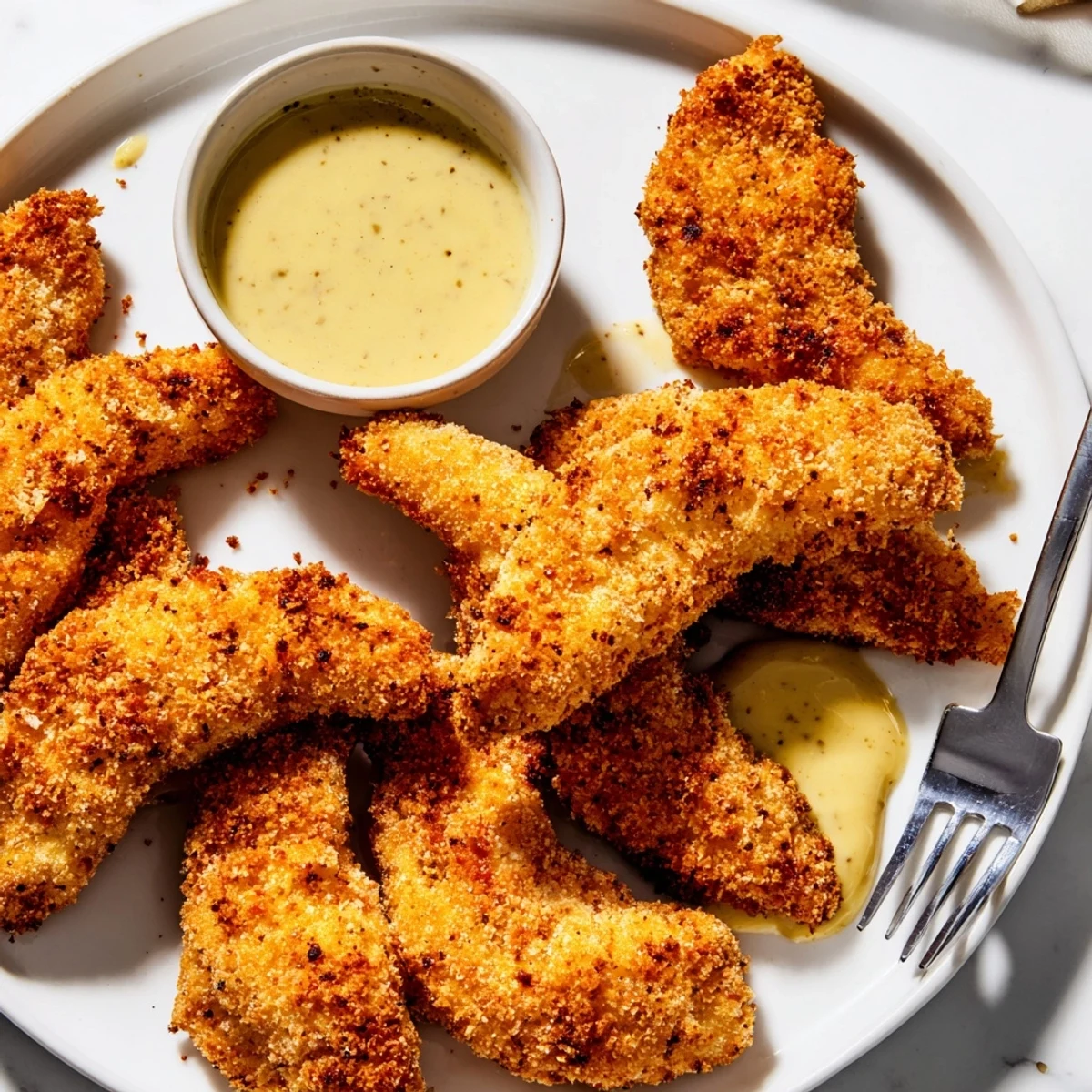Golden brown honey mustard chicken tenders served with creamy dipping sauce on a white plate