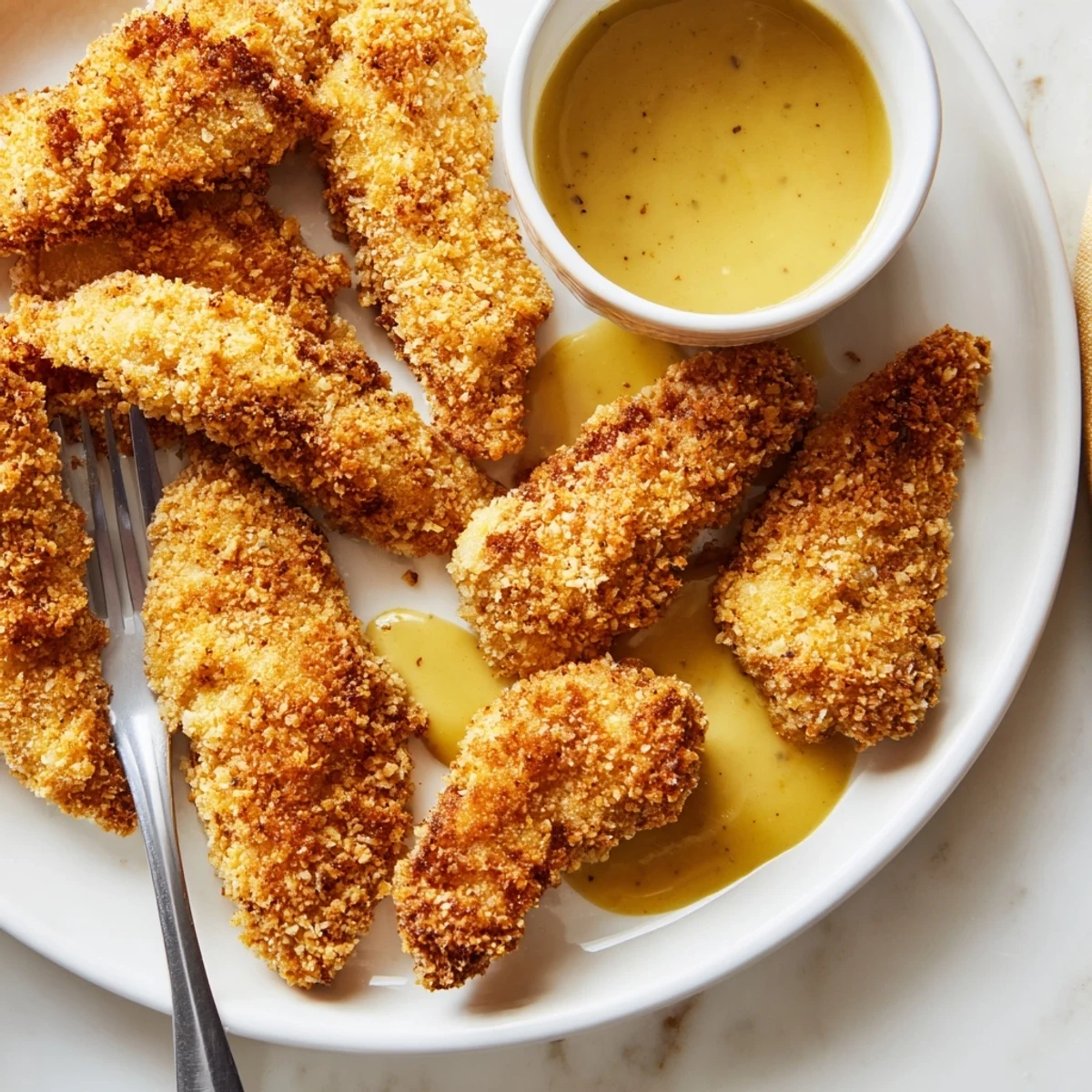 Crispy baked chicken strips drizzled with sweet honey mustard sauce on a rustic wooden board