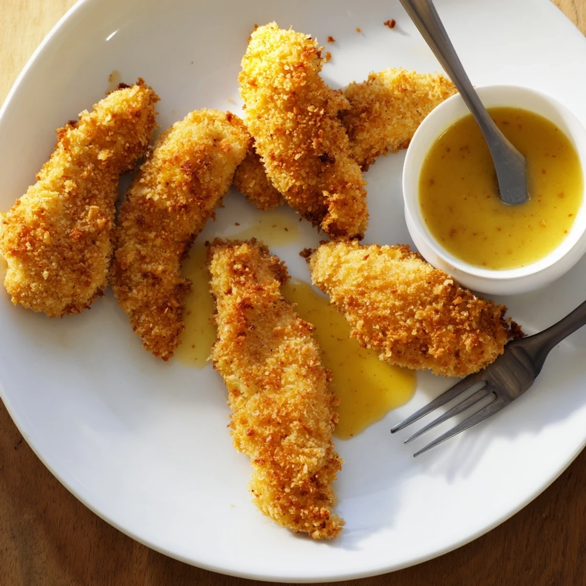 Family-friendly honey mustard chicken tenders arranged on a platter with fresh lemon wedges