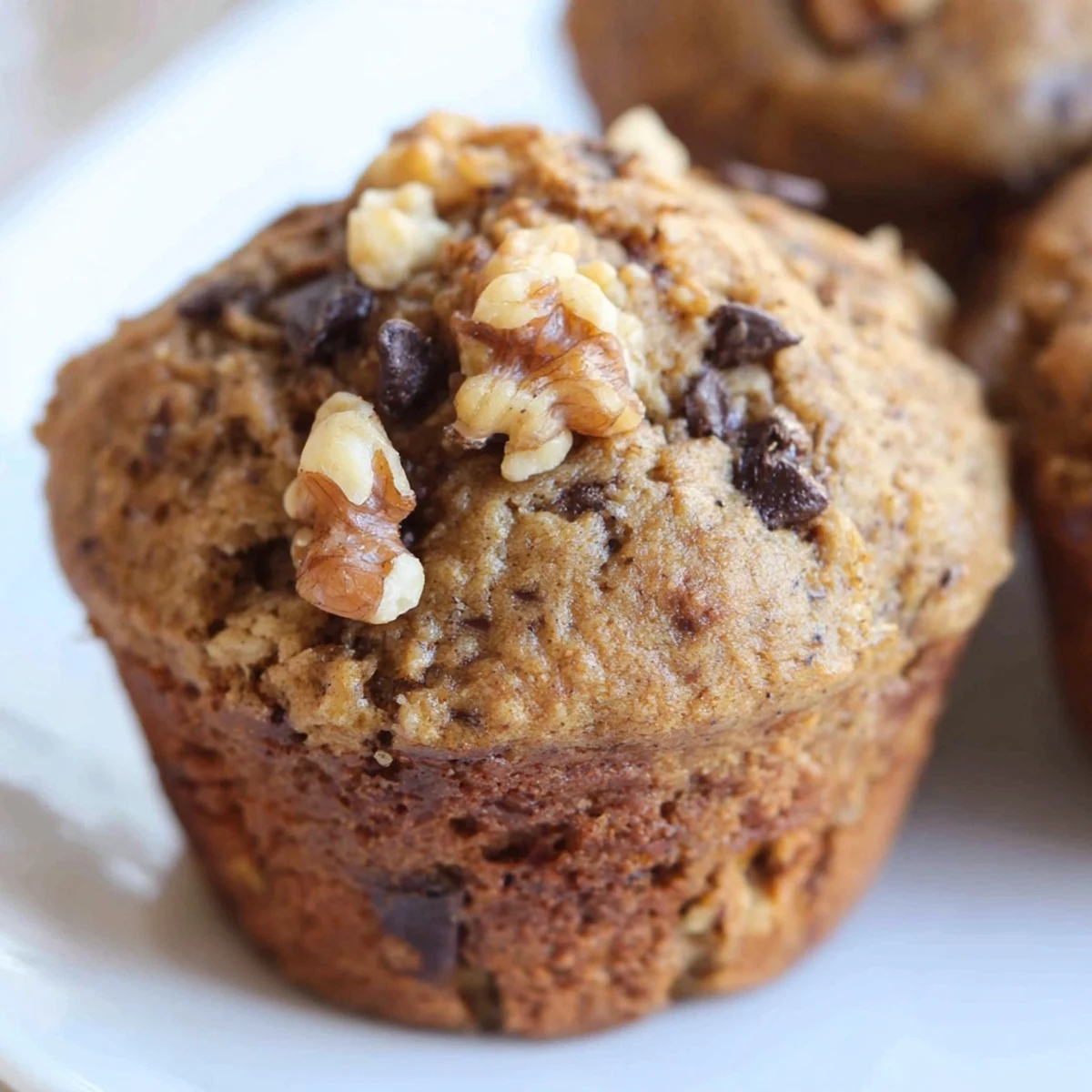 Freshly baked healthy banana nut muffins with moist crumb texture, cooling on a wire rack with scattered nuts