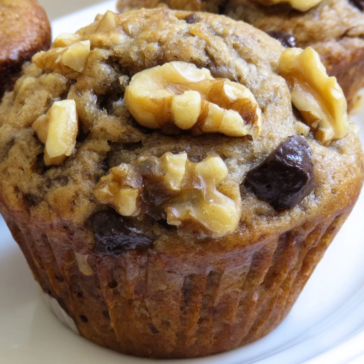 Golden brown healthy banana nut muffins topped with crunchy walnuts and fresh banana slices on a wooden board