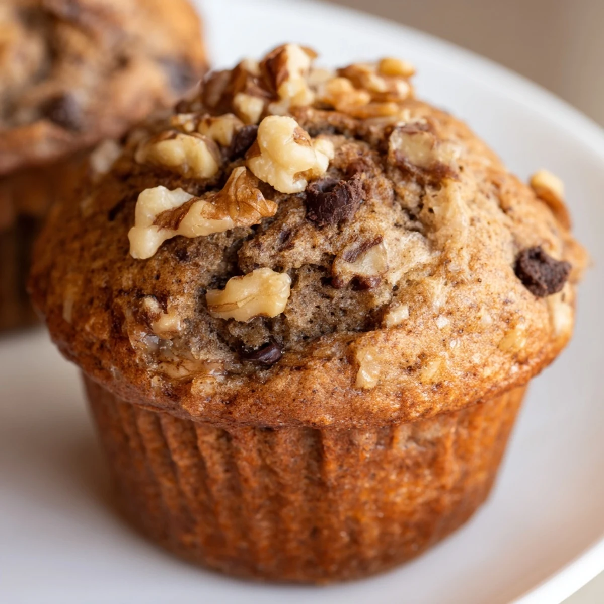 Stack of wholesome healthy banana nut muffins drizzled with honey, served alongside ripe bananas and a cup of coffee