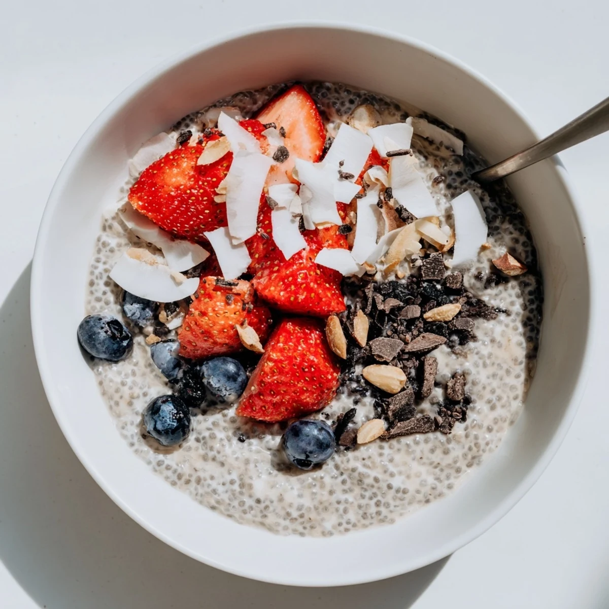 Creamy chia pudding recipes topped with fresh berries in glass jars
