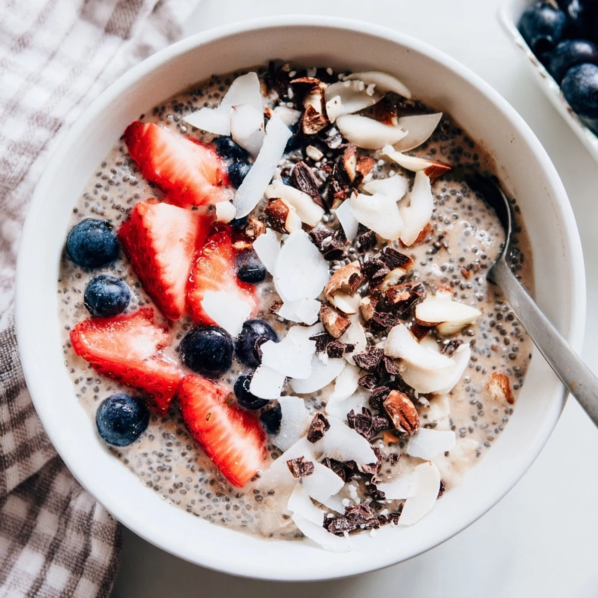 Overnight chia pudding recipes breakfast bowl with nuts and dark chocolate shavings