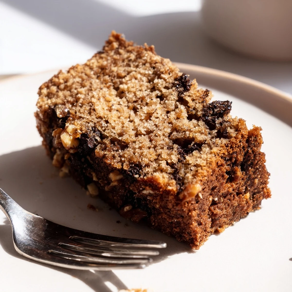 Golden brown protein banana bread oil free loaf topped with walnuts on wooden board