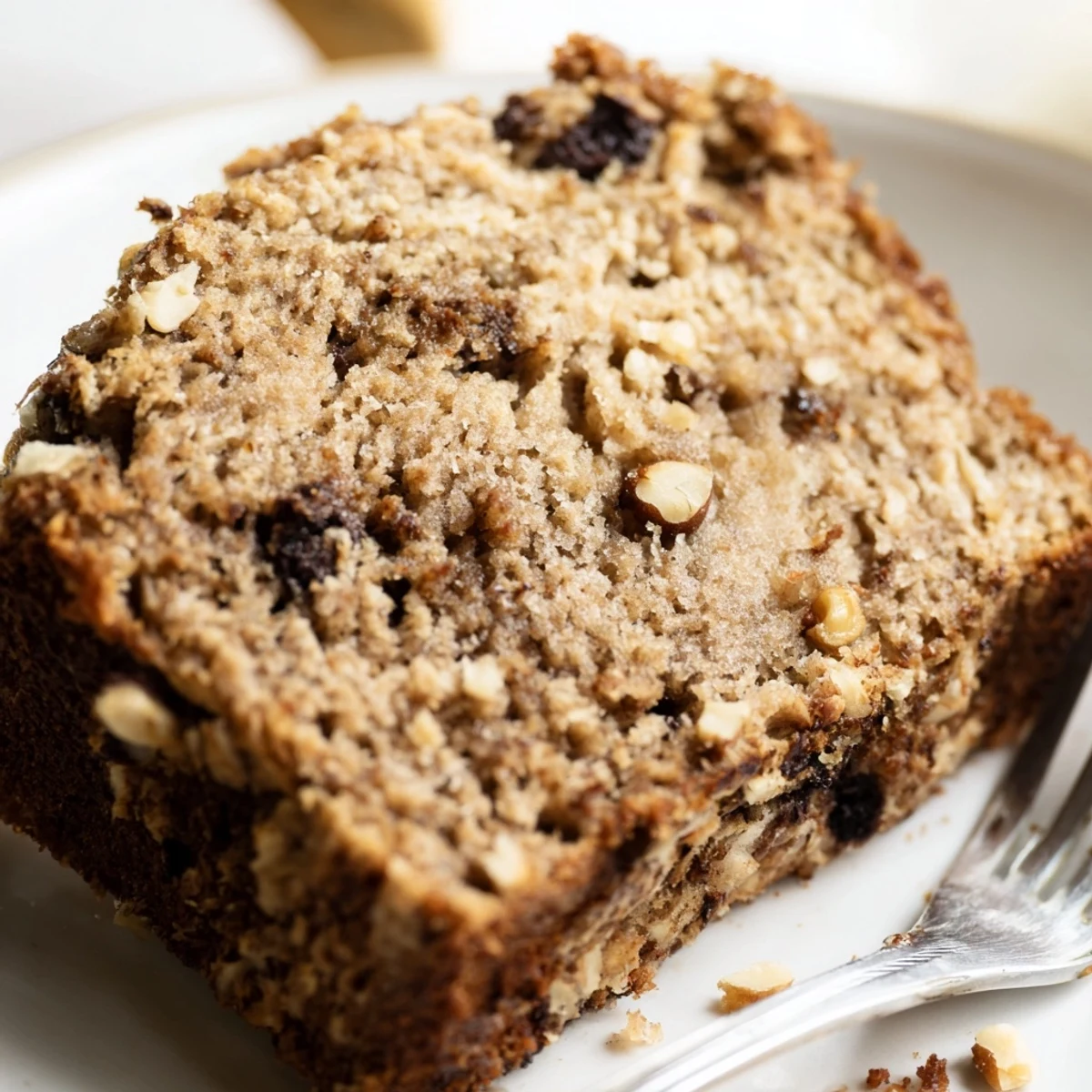 Moist sliced protein banana bread oil free showing fluffy texture and dark chocolate chips