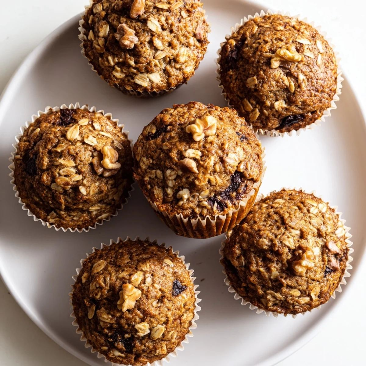 Freshly baked banana oatmeal muffins with golden tops and visible oat texture on a wire cooling rack