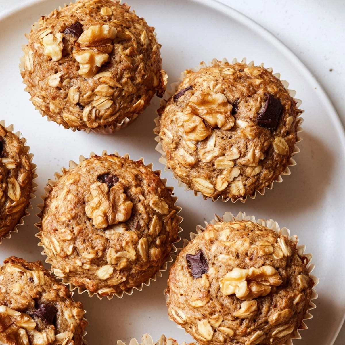 Moist banana oatmeal muffins speckled with rolled oats, served on a rustic wooden board for breakfast