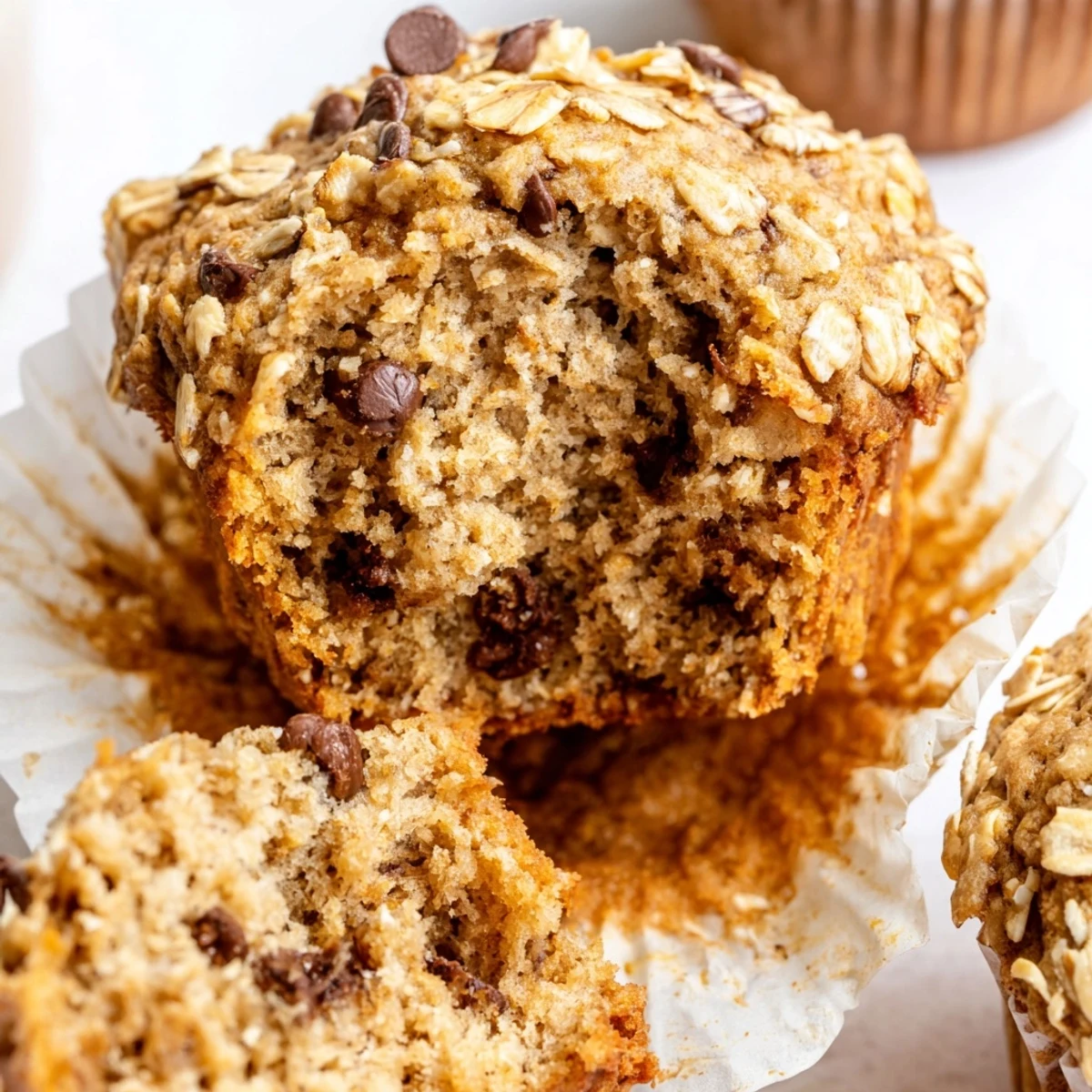 Golden banana chocolate chip muffins with oats cooling on a wire rack, speckled with melted chocolate chips