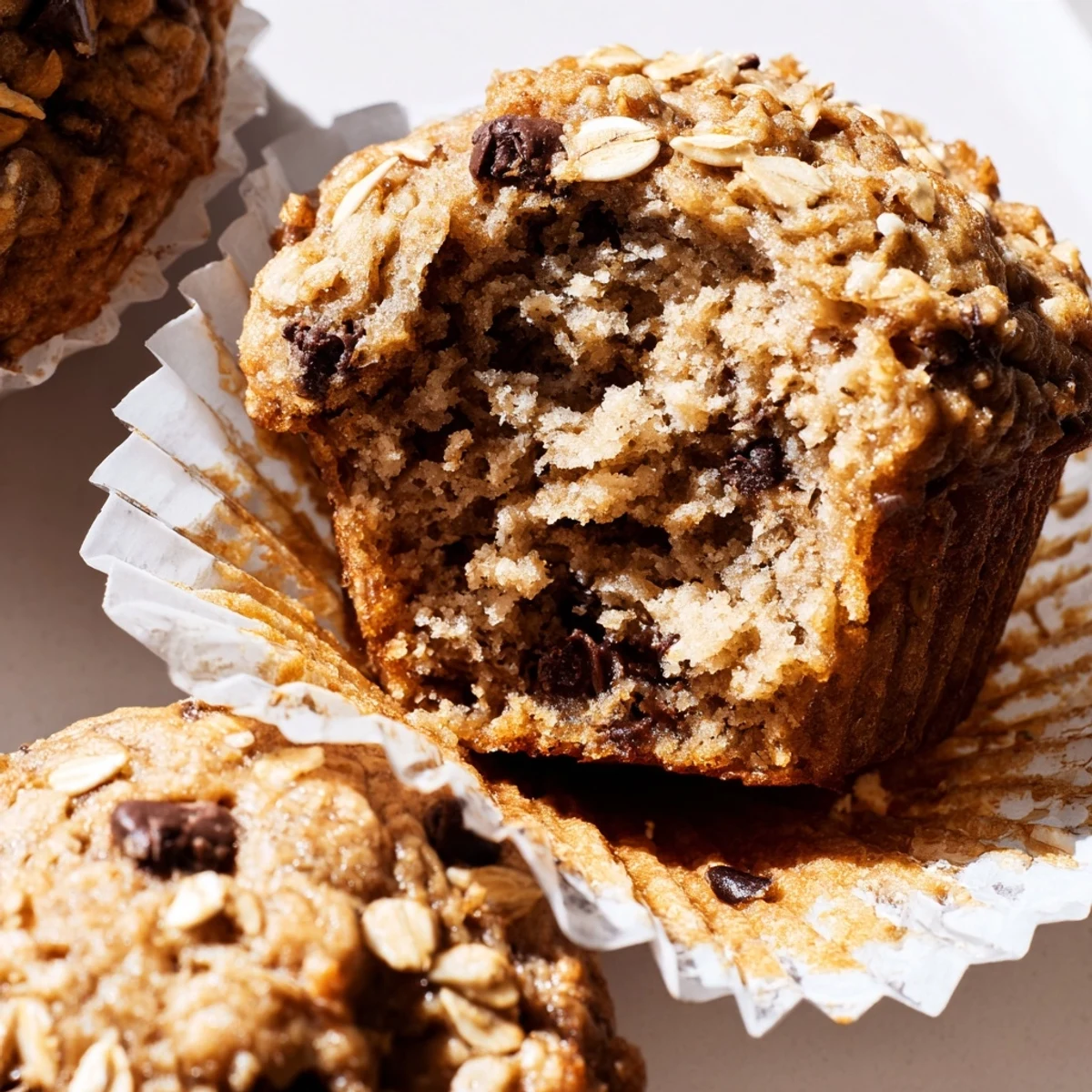 Freshly baked banana chocolate chip muffins with oats displayed in a paper-lined muffin tin, tops domed and golden