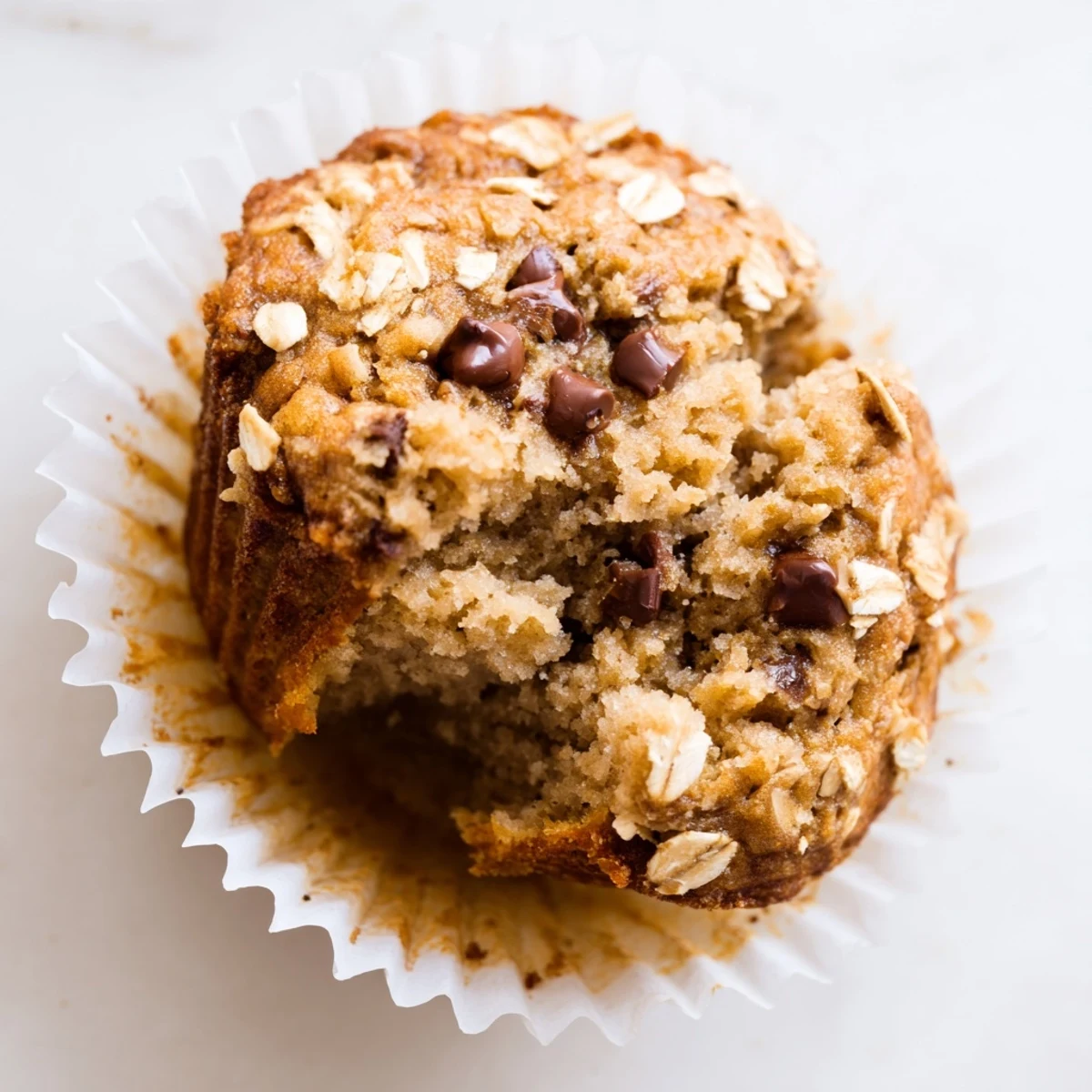 Soft banana chocolate chip muffins with oats broken open to reveal moist texture and chocolate chip pockets throughout