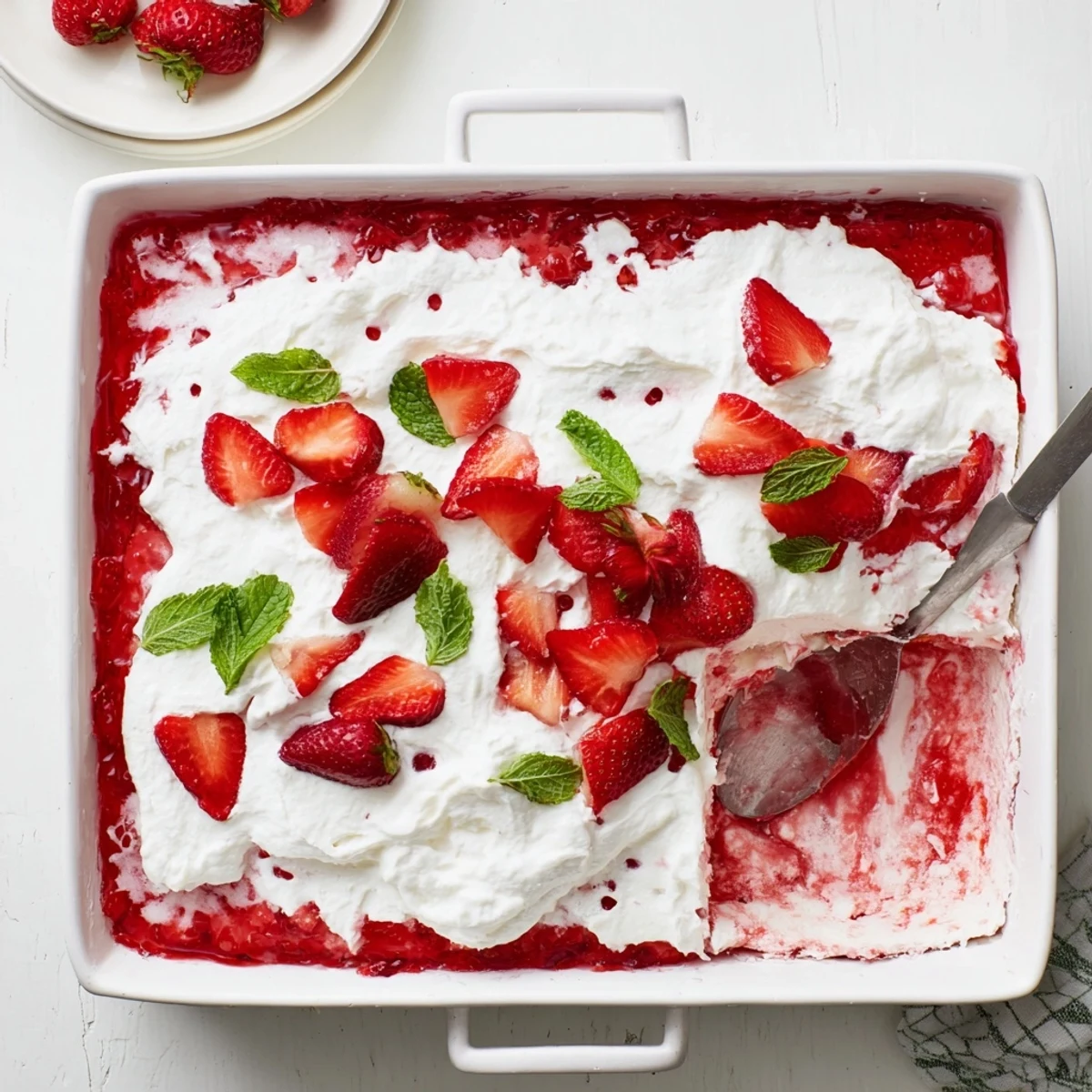 Glossy strawberry gelatin cake topped with fluffy whipped cream and fresh sliced red berries