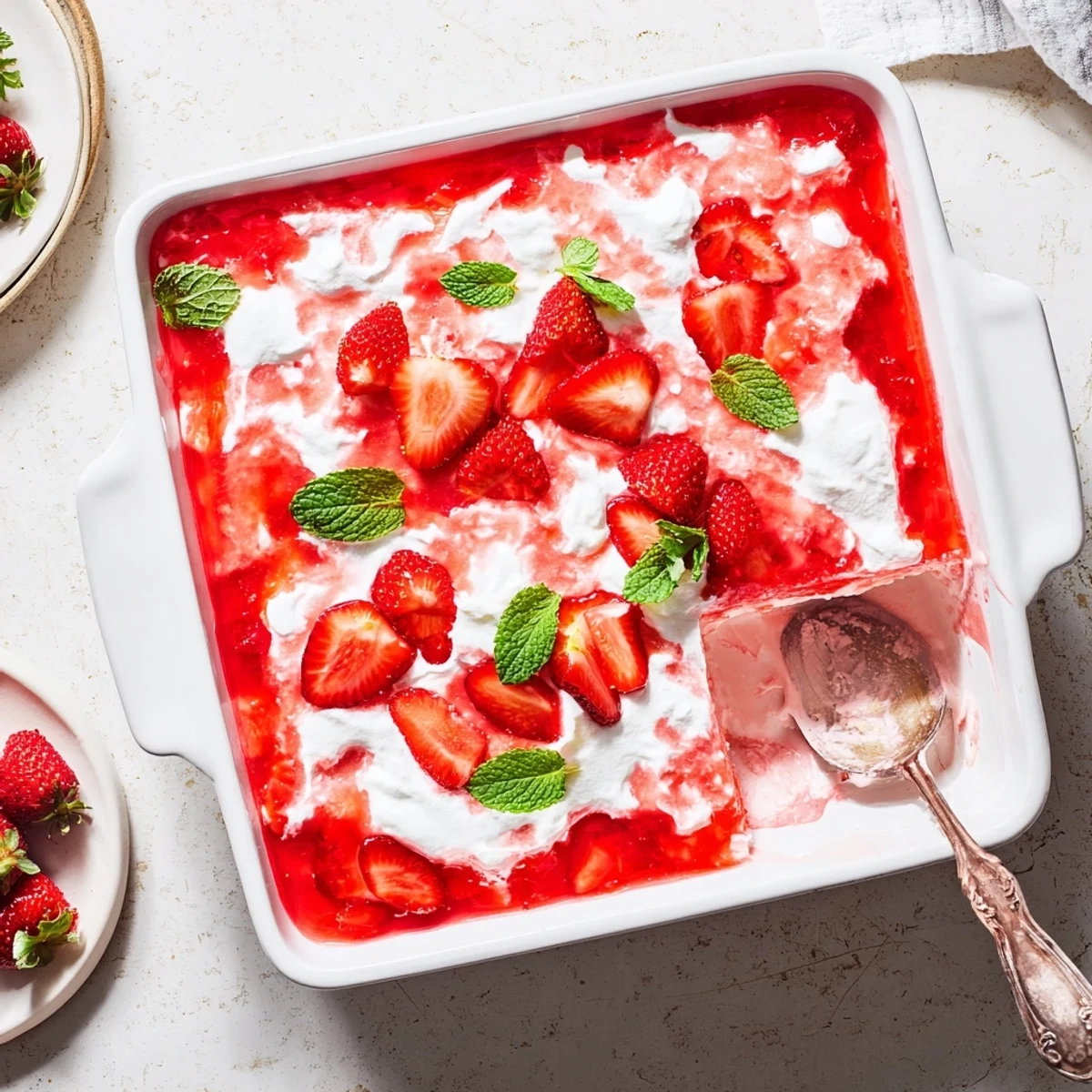Golden poke cake soaked in bright red strawberry gelatin with pillowy whipped topping