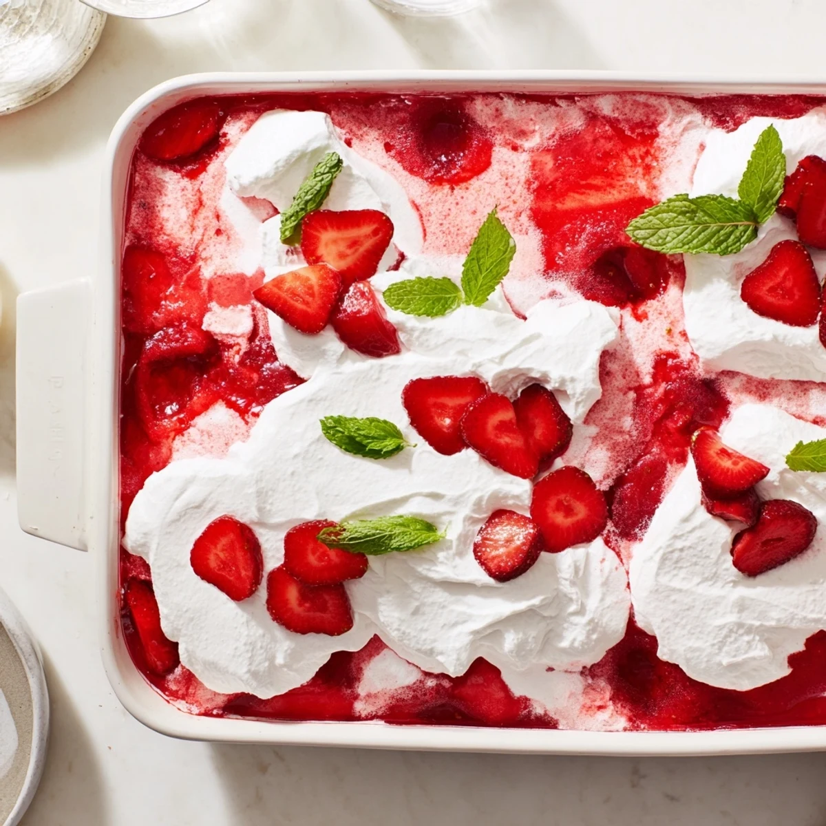 Refreshing strawberry gelatin cake layered with white whipped cream and vibrant strawberry garnish