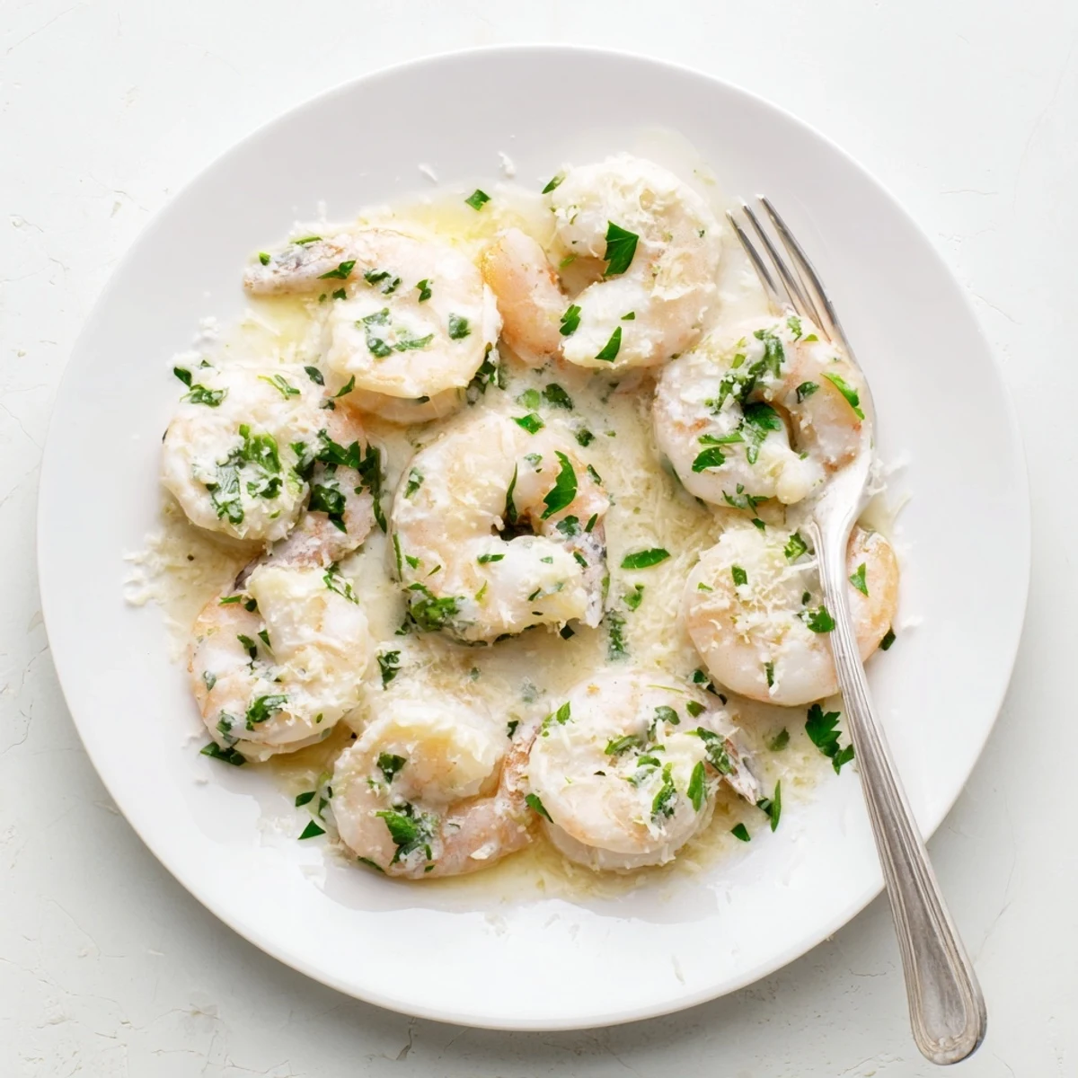 Juicy pink shrimp swimming in silky Parmesan garlic cream sauce with fresh parsley