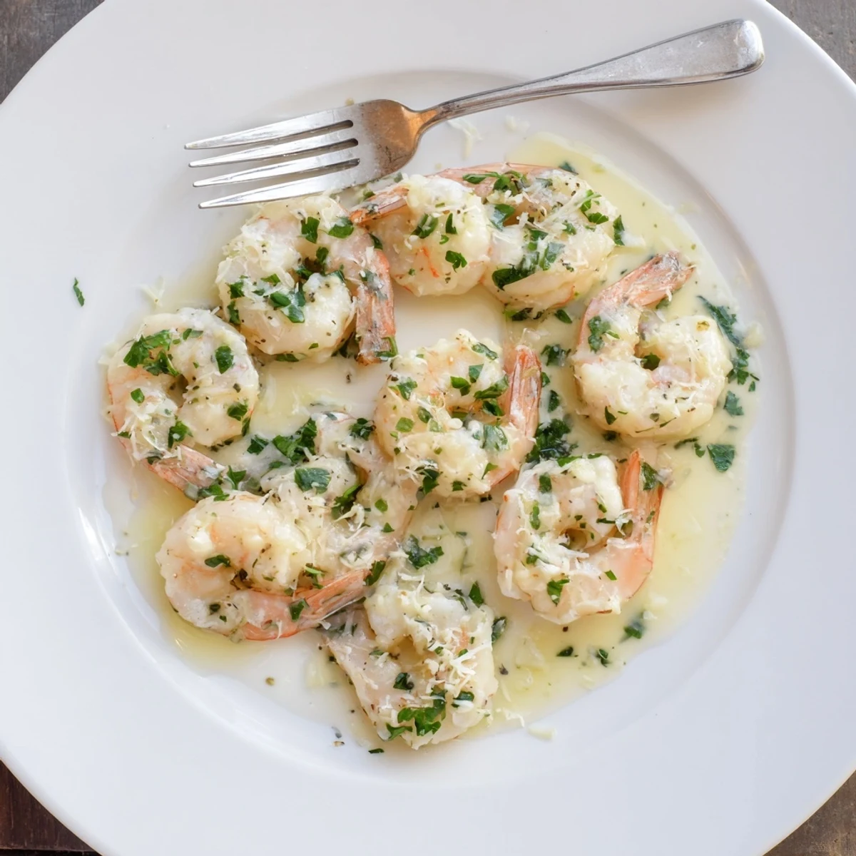 Golden shrimp coated in rich garlic cream sauce served over white pasta