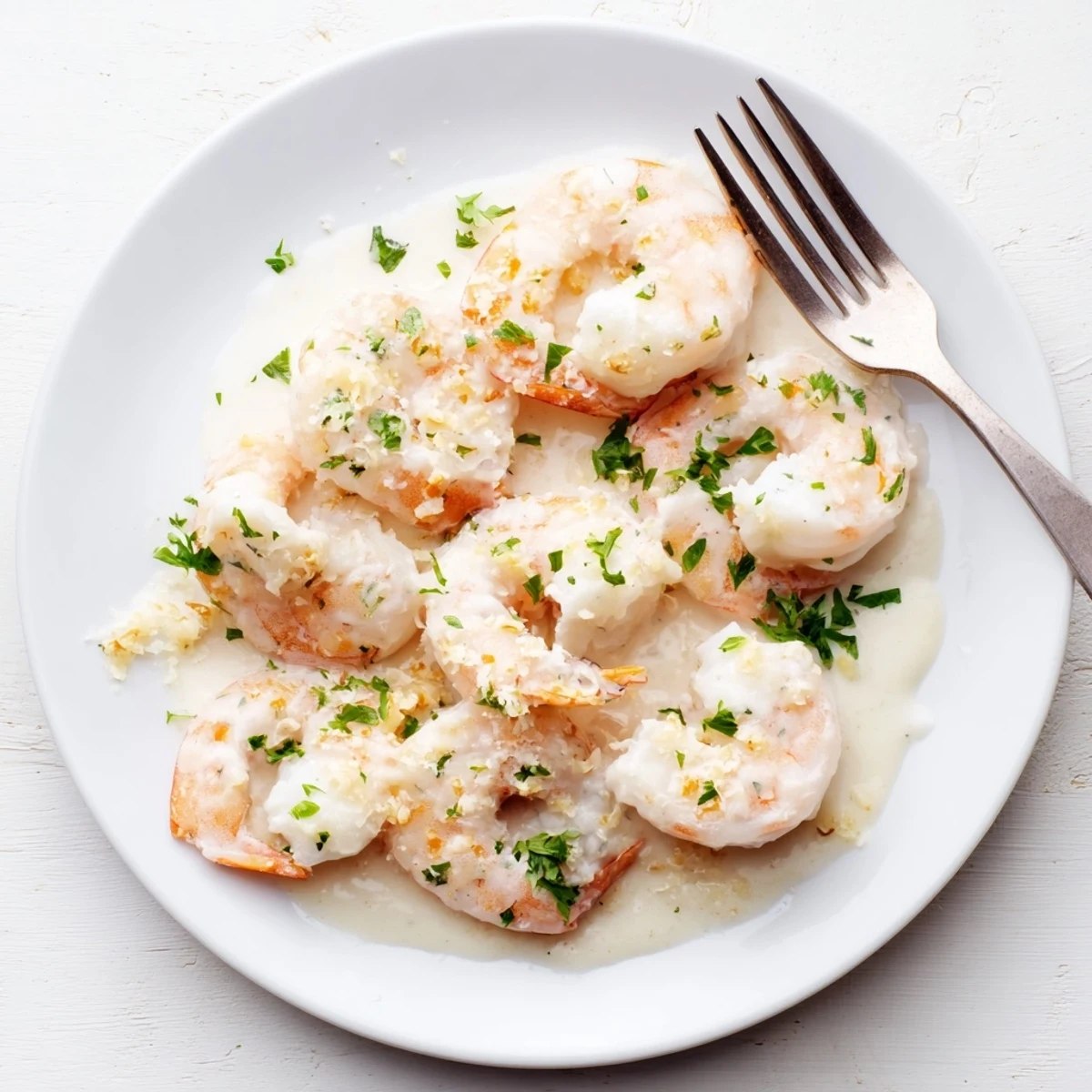 Sautéed shrimp in creamy white garlic sauce garnished with lemon and green herbs