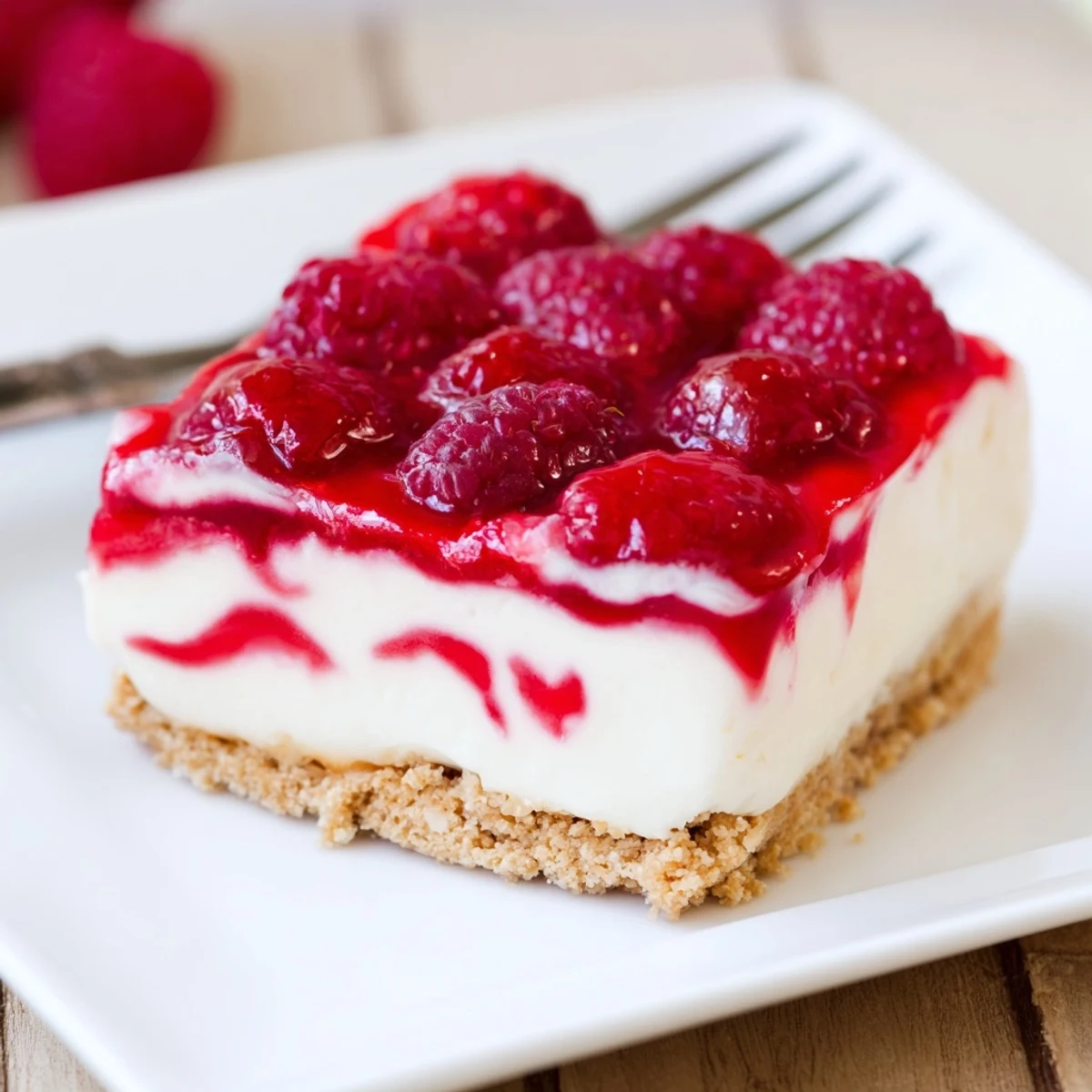 Silky raspberry cream cheese dessert topped with vibrant fresh raspberries on crunchy base