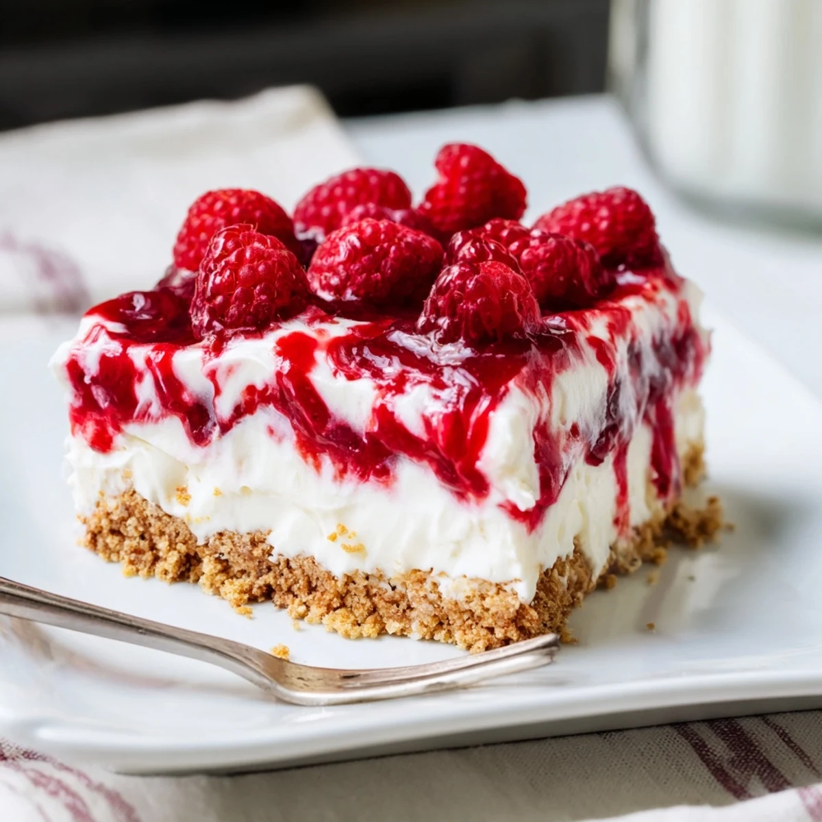 No bake raspberry cream dessert with fresh berries layered over graham cracker crust