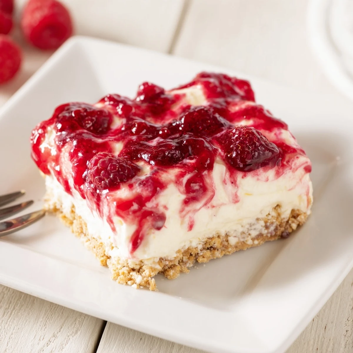 Creamy no bake raspberry dessert slice showcasing fluffy filling and ruby red fruit topping