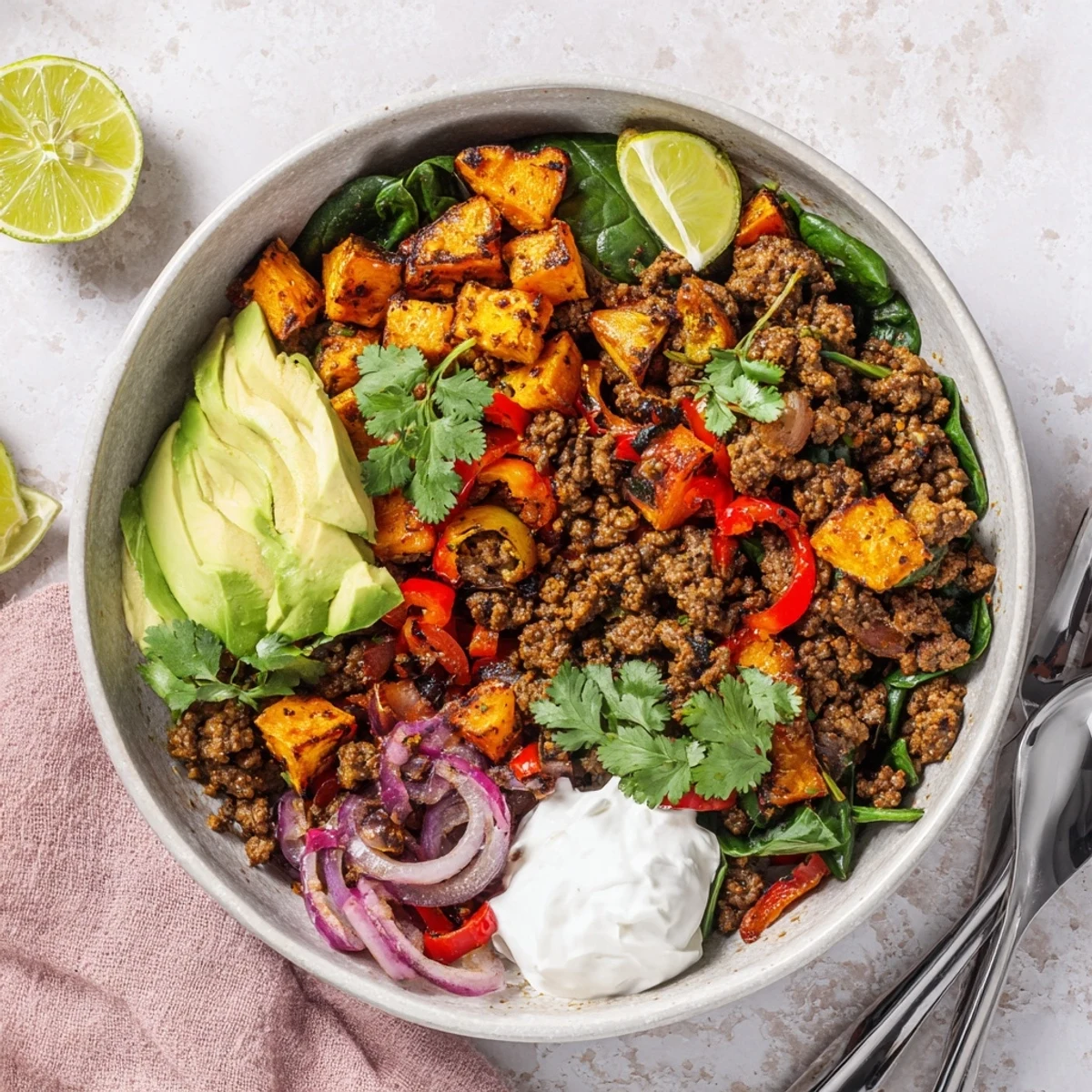 Golden roasted sweet potatoes topped with seasoned ground beef, fresh avocado slices, and vibrant vegetables in a hearty beef sweet potato bowl