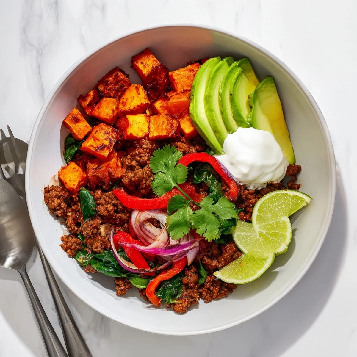 Colorful meal prep bowl featuring juicy beef, caramelized sweet potato cubes, crisp bell peppers, and baby spinach arranged for a nourishing beef sweet potato bowl