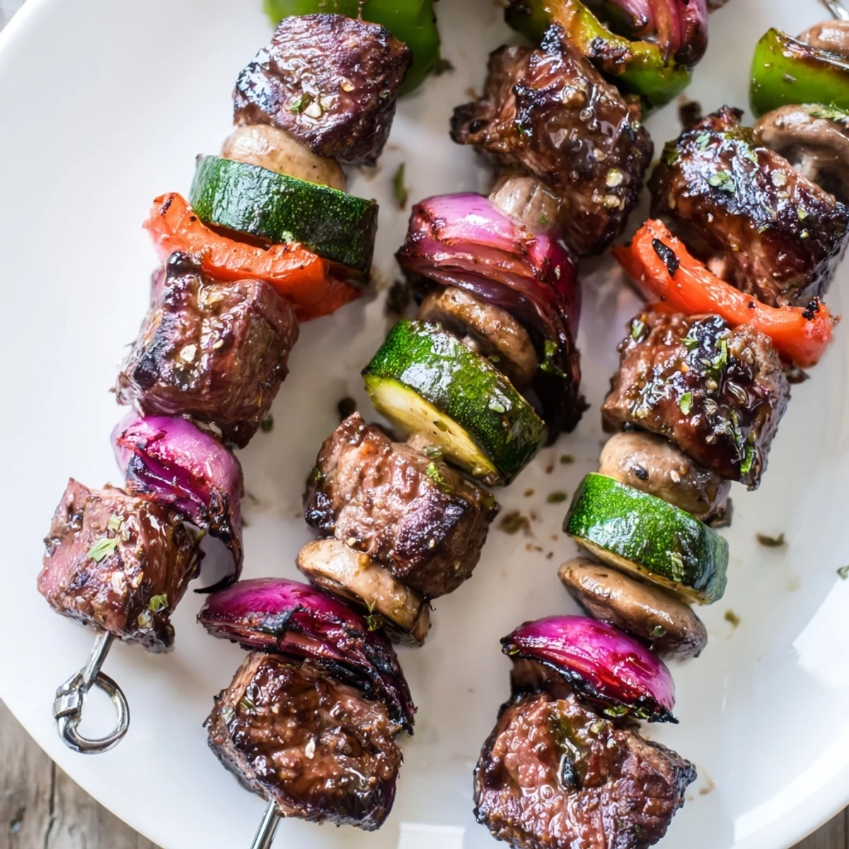 Wooden-skewered Grilled Steak Kabobs marinated in garlic-lemon, steaming over hot grill