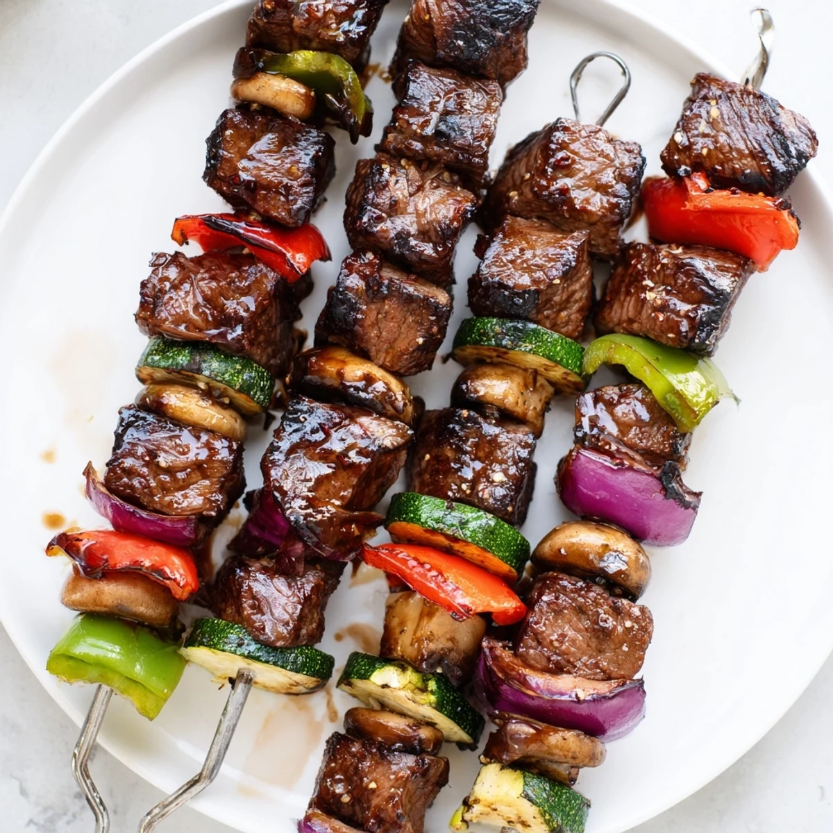 Grilled Steak Kabobs glistening with charred edges, colorful peppers and juicy steak