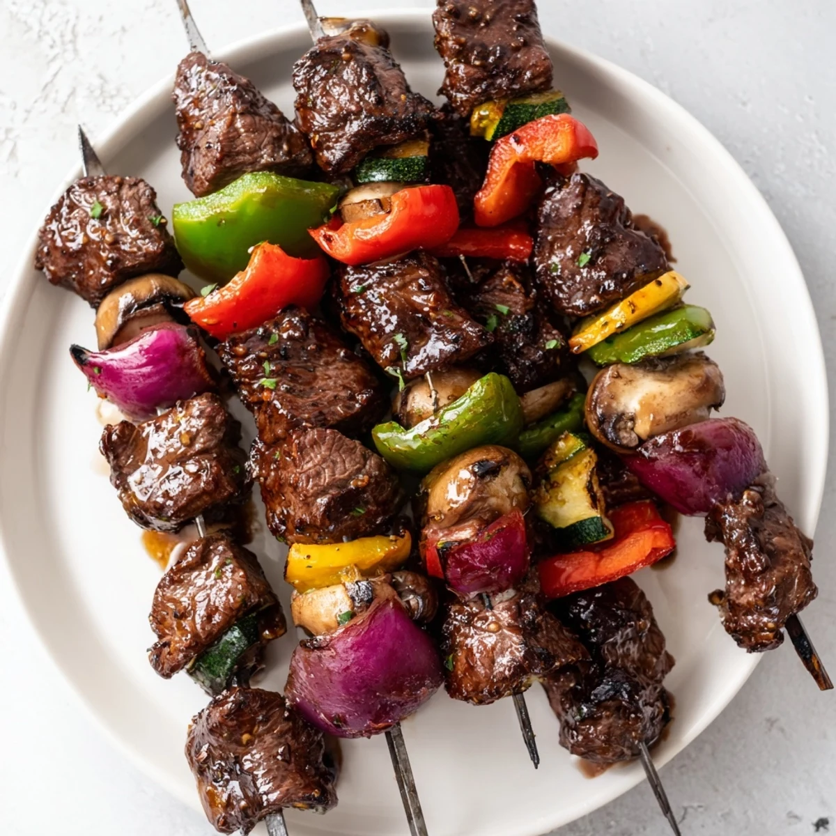 Family-style Grilled Steak Kabobs served with charred zucchini, onions, and herb drizzle