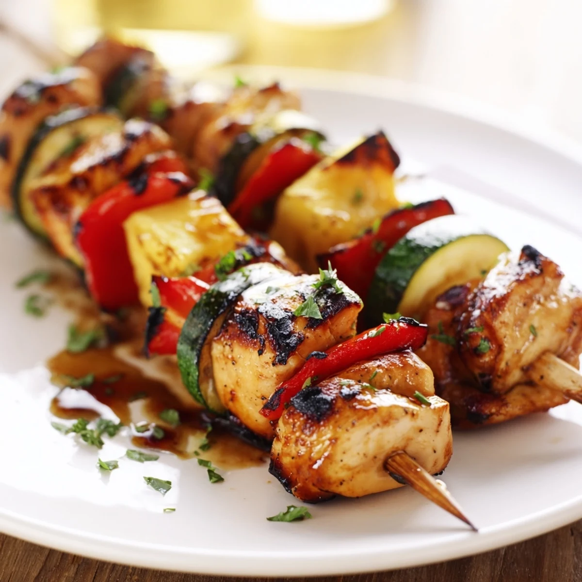 Grilled Chicken Kabobs With Pineapple And Zucchini sizzling with charred edges, summer barbecue.