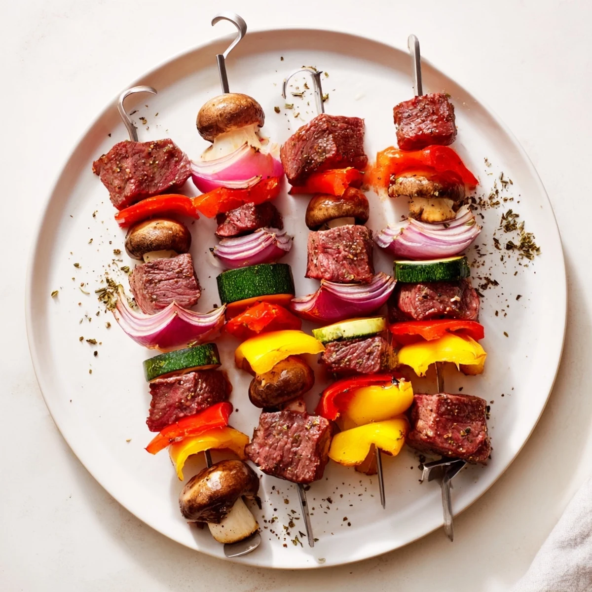 Grilled Steak Kabobs glistening with marinade, colorful peppers and onions steaming.