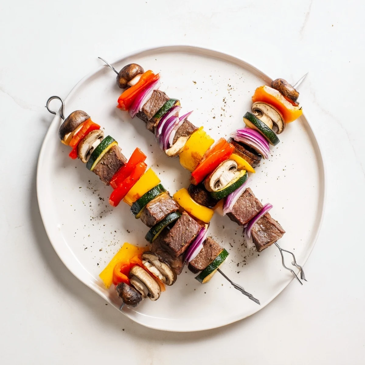 Juicy Steak Kabobs resting on platter, ready to serve with rice.