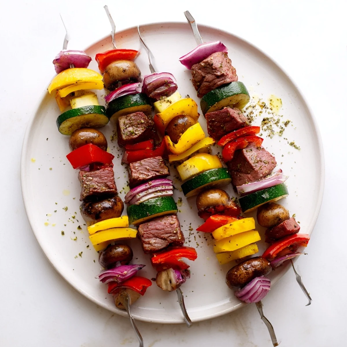 Smoky Steak Kabobs sizzling over grill, tender beef with charred vegetables.