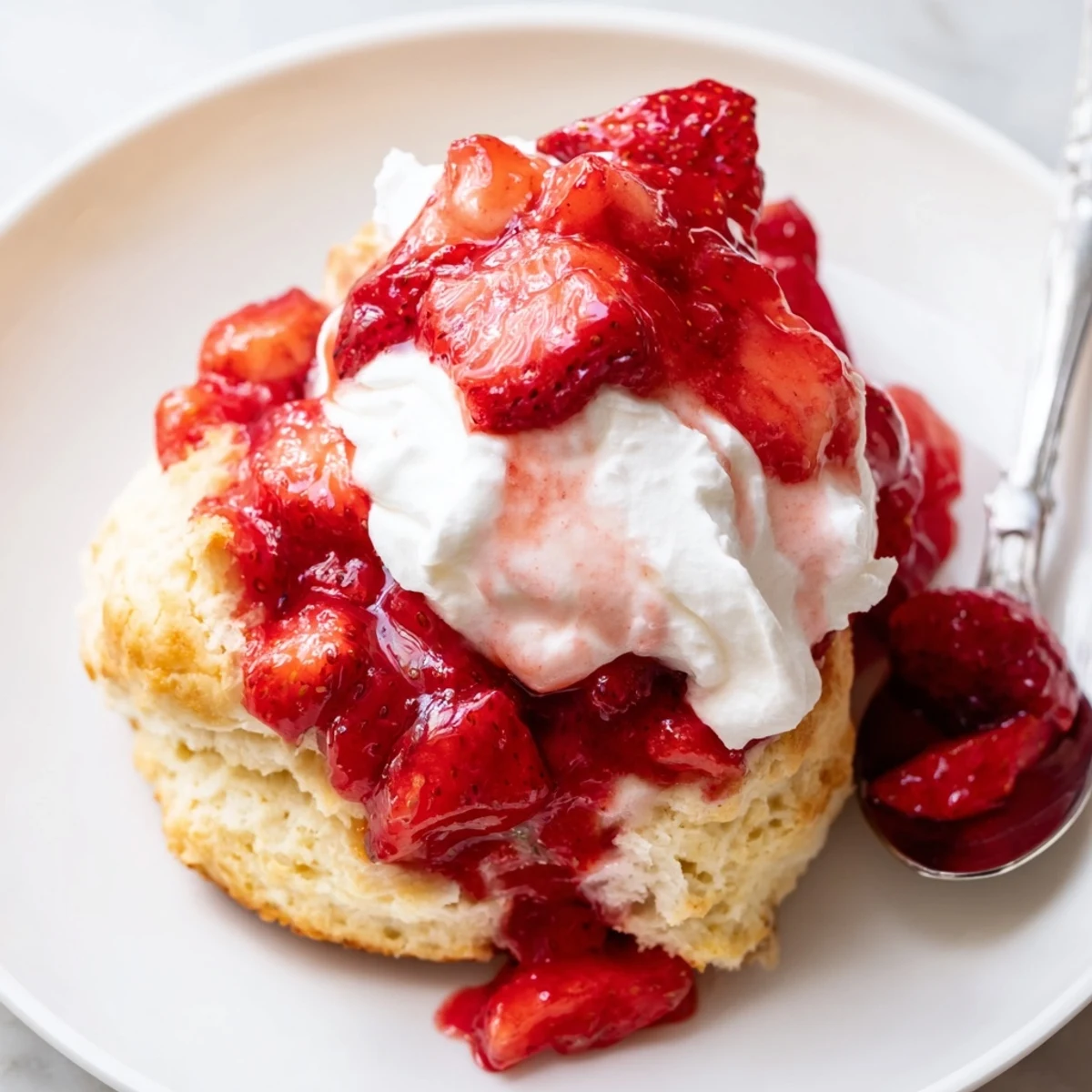 Golden homemade strawberry shortcake stacked with juicy macerated berries and fresh whipped cream