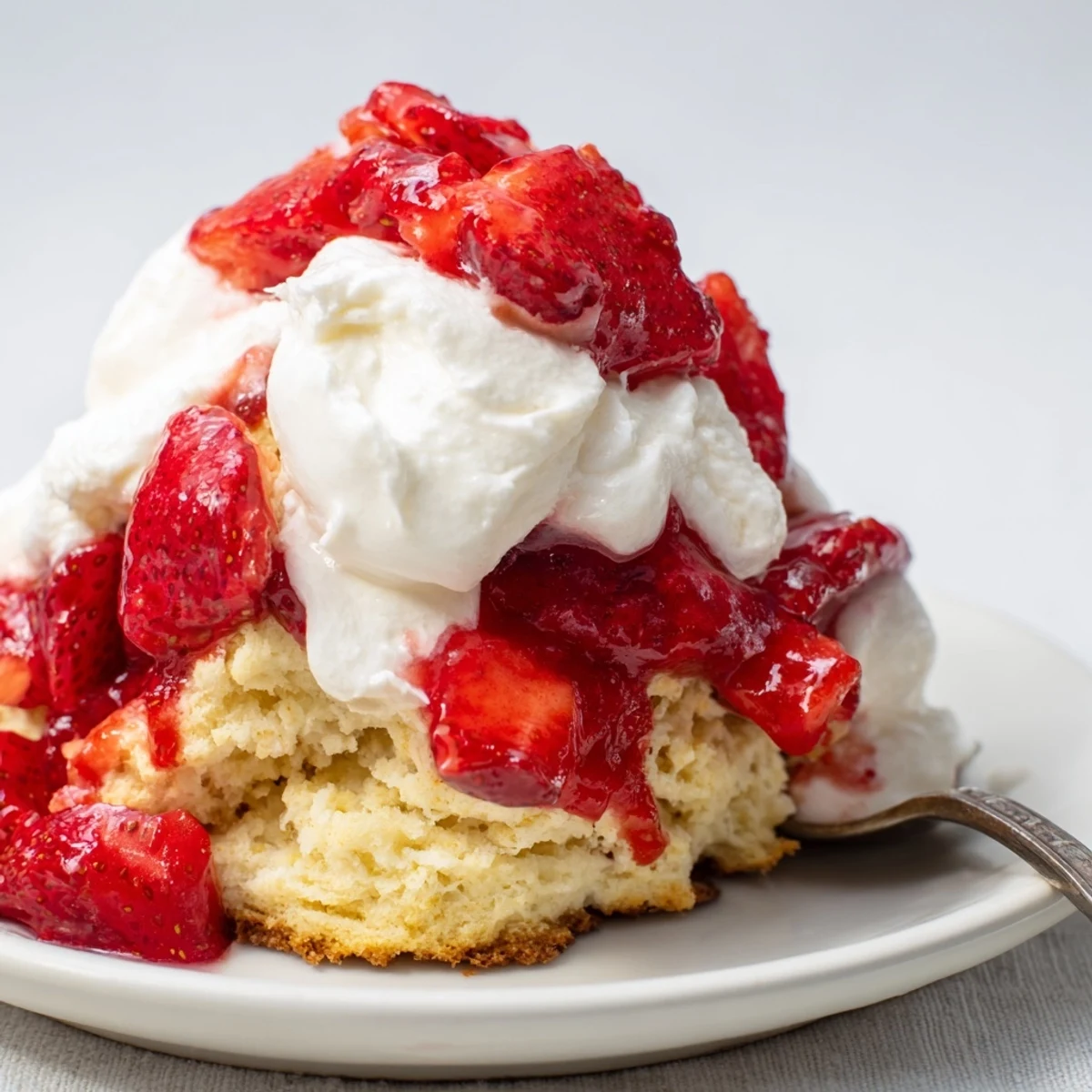 Split biscuit piled high with sugared strawberries and fluffy white cream topping